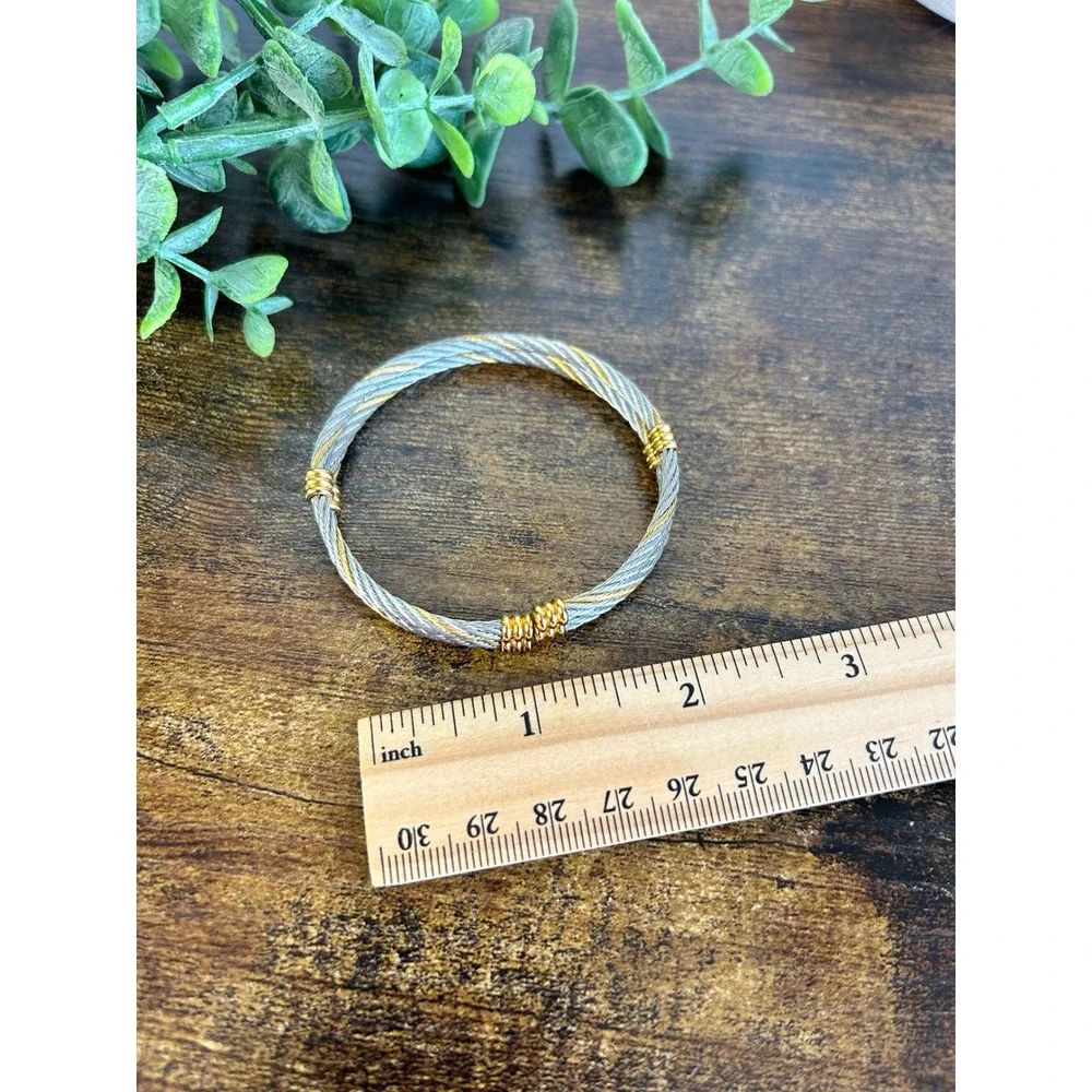 Two Tone Twisted Cable Bypass Bangle Bracelet Gold Silver Tone Rope Textured